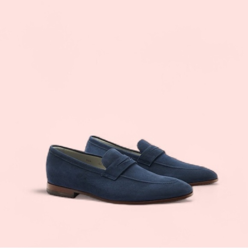 SCAROSSO Handcrafted Blue Italian Marzo Abyss Suede Penny Loafers 8.5